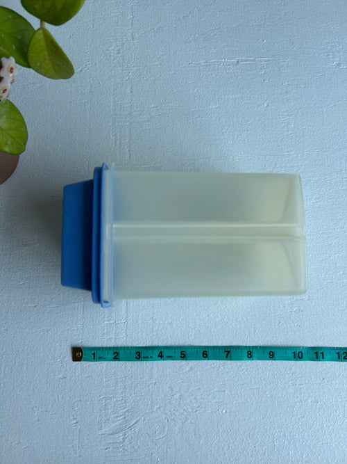 Blue top and clear base Tupperware celery elevator on white background 