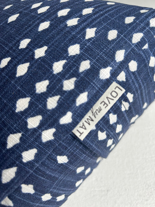 Navy blue small Yoga Bolster with white dot pattern and 'LOVE my MAT' label on a light white background