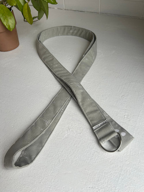 Gray dog leash on a white surface with a plant in the corner