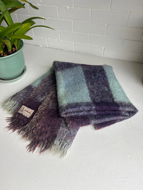 Plaid blanket with fringe on a white surface next to a plant
