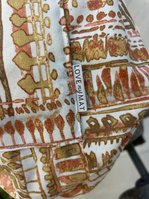 Patterned fabric yoga mat bag with 'Love My Mat' label