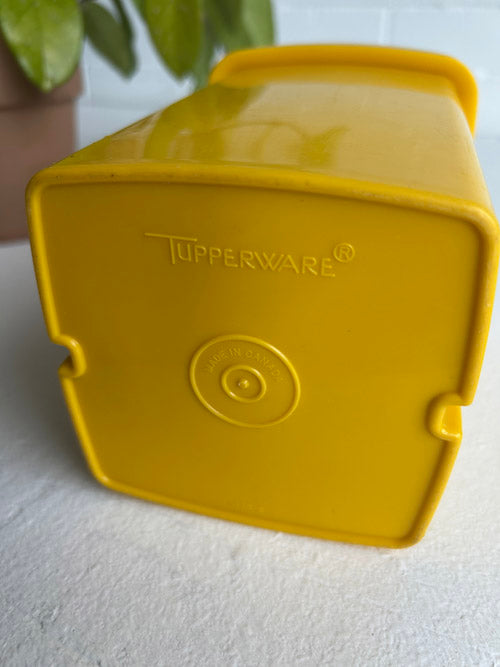 Yellow Tupperware logo of celery elevator on white background